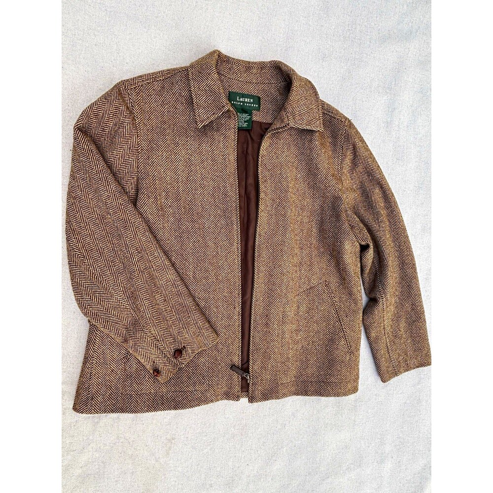 Lauren Ralph Lauren Womens Brown Herringbone Wool Zip Lined Jacket Size 14